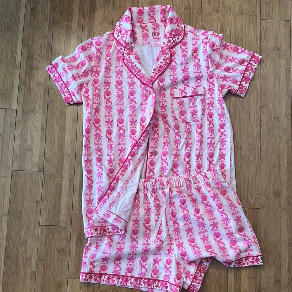 New Pink Palm Puff Pajama Set: Size Medium
